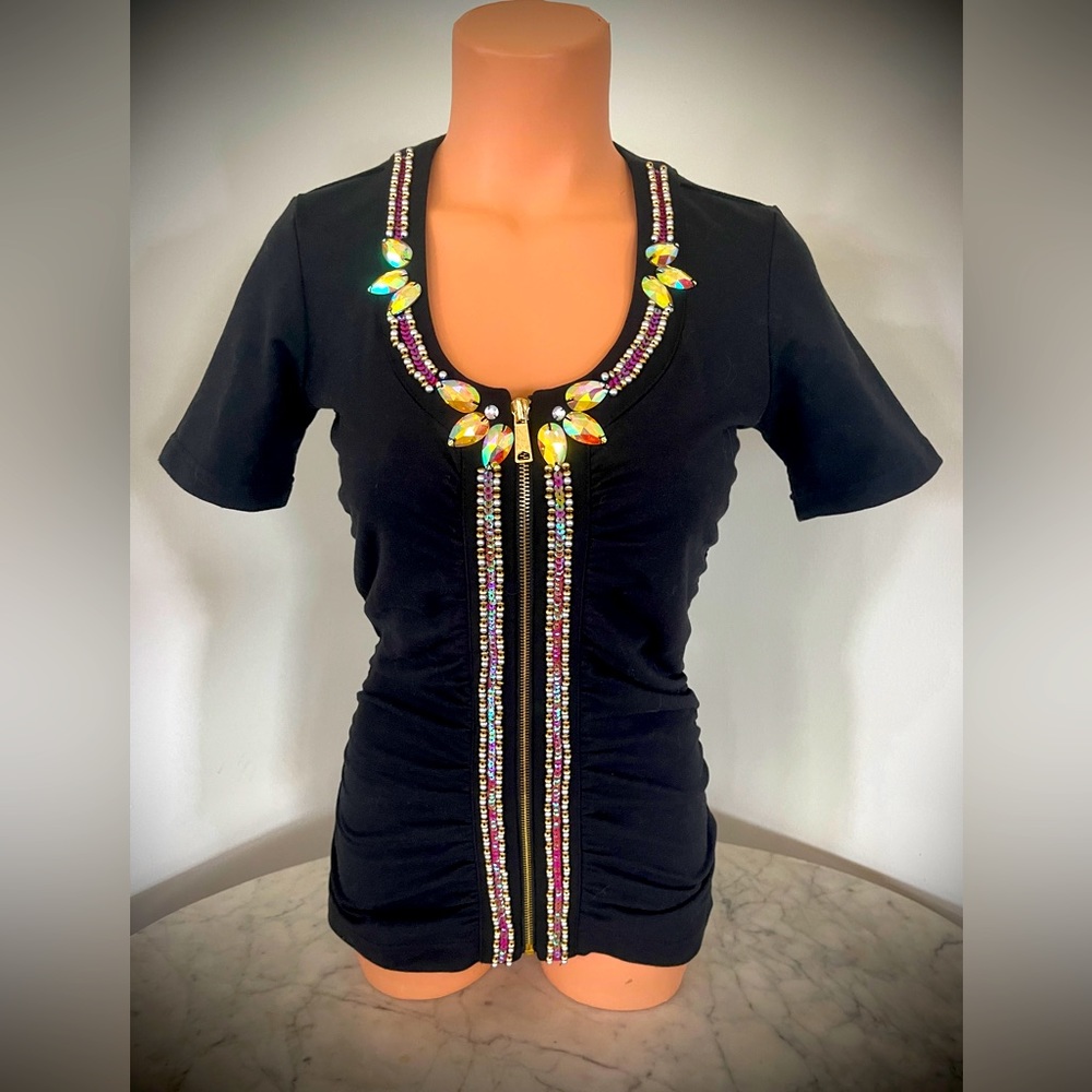 BOSTON PROPER Jeweled Embellished Beaded Black Short Sleeve Jacket Ruched XS NEW